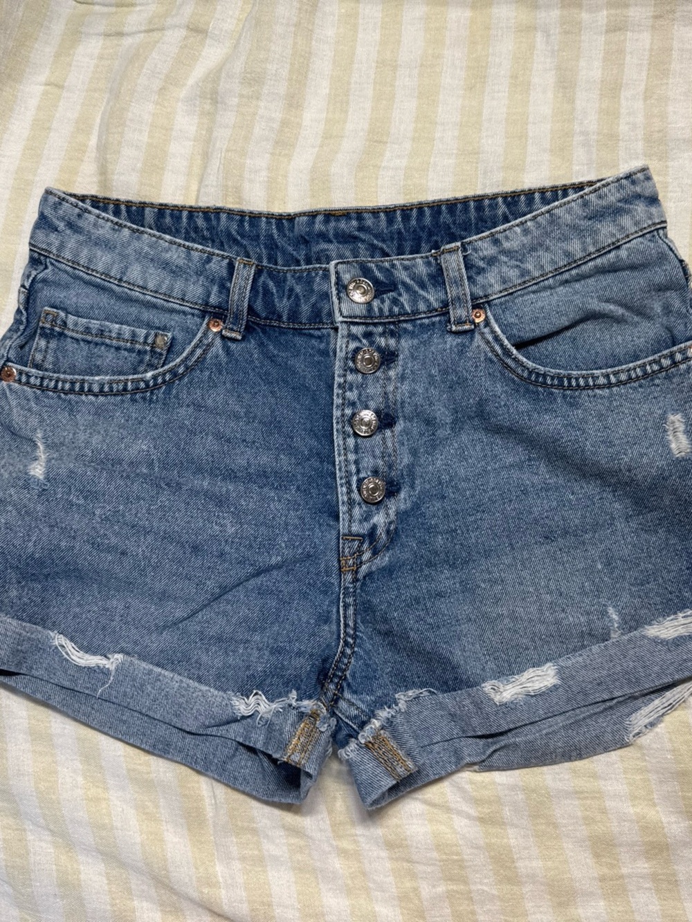 &Denim High-Rise Distressed Blue Denim Button-Front Jean Shorts